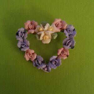 Vintage Hand Painted Foral Glass Lapel Brooch